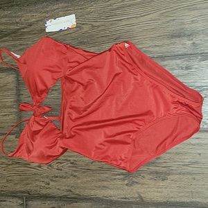 Red one-piece swim suit